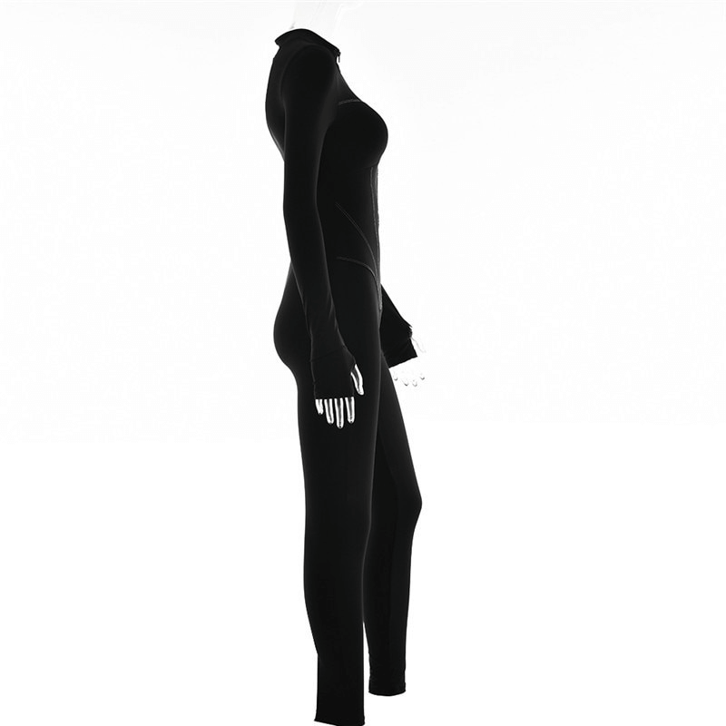 Side view of a black long sleeve jumpsuit for women with a front zipper and elegant fit, perfect for sports and physical activities.